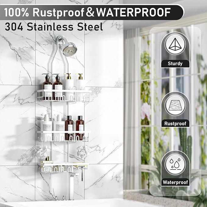 Shower Caddy,Rustproof Shower Shelves Over Shower Head,Extended Length shower rack with Soap HoSlder,White