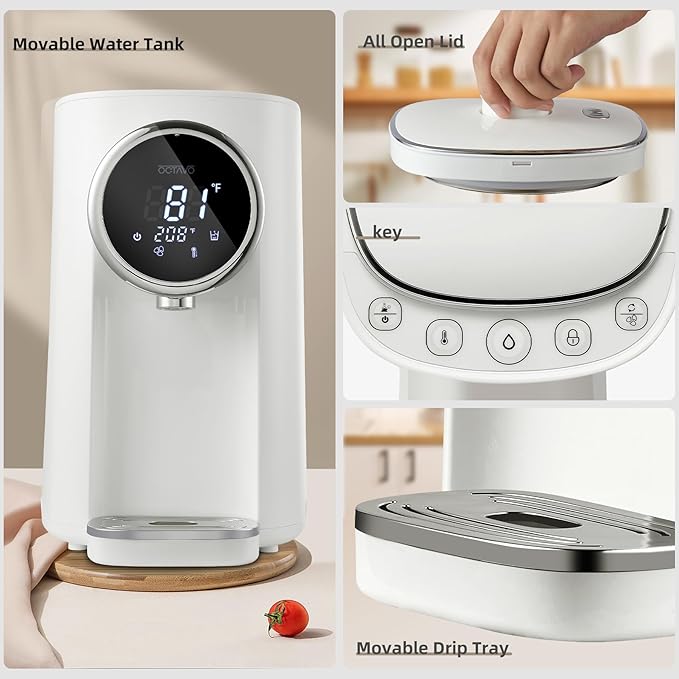 OCTAVO Water Boiler & Warmer 5 Liter, 304 Stainless Steel Water Tank, 700 Watt 6 Adjustable Water Temperature, LCD Touch Control Screen, Child Lock with Water Shortage Indicator