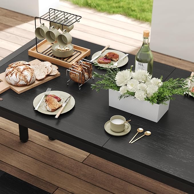 Gizoon 63" Dining Room Table Set for 6, Kitchen Table with 2 Benches and 2 Stools, Dining Table Set with Metal Frame, Space-Saving Kitchen Table Set for Apartment, Black