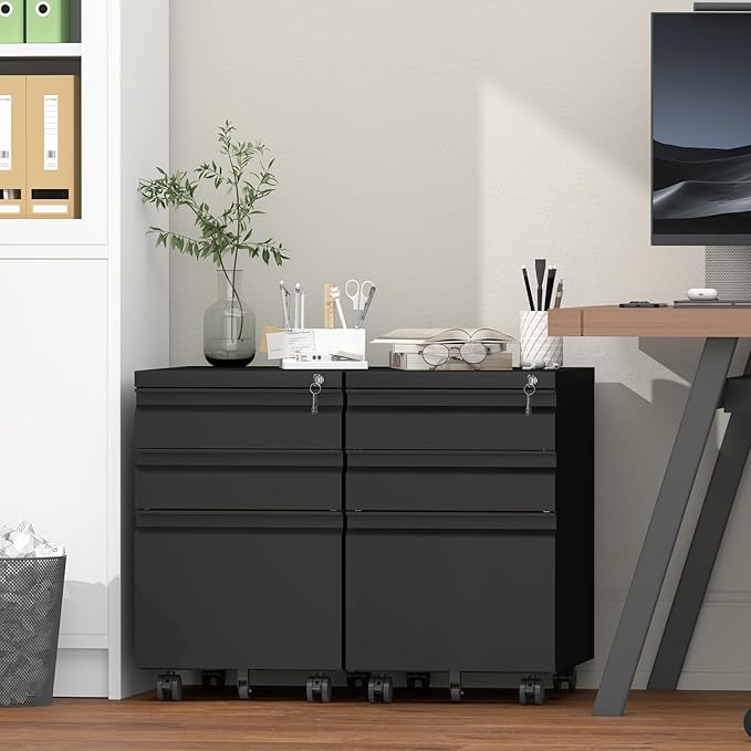 3 Drawer File Cabinet with Lock, Black Mobile File Cabinets for Home Office,Under Desk Small Filing Cabinet, Rolling File Cabinet for A4/Letter/Legal