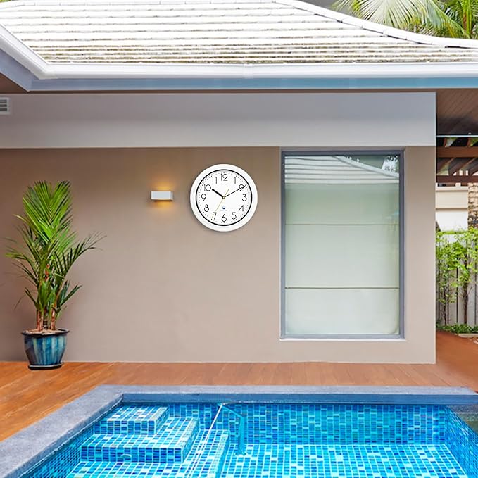 Caysie 11 Inch Sealed Indoor Outdoor Waterproof Wall Clock, Durable Silent Non-Ticking Battery Operated Quality Quartz Round Clock, Wall Decorative for Patio, Pool, Bathroom (White)