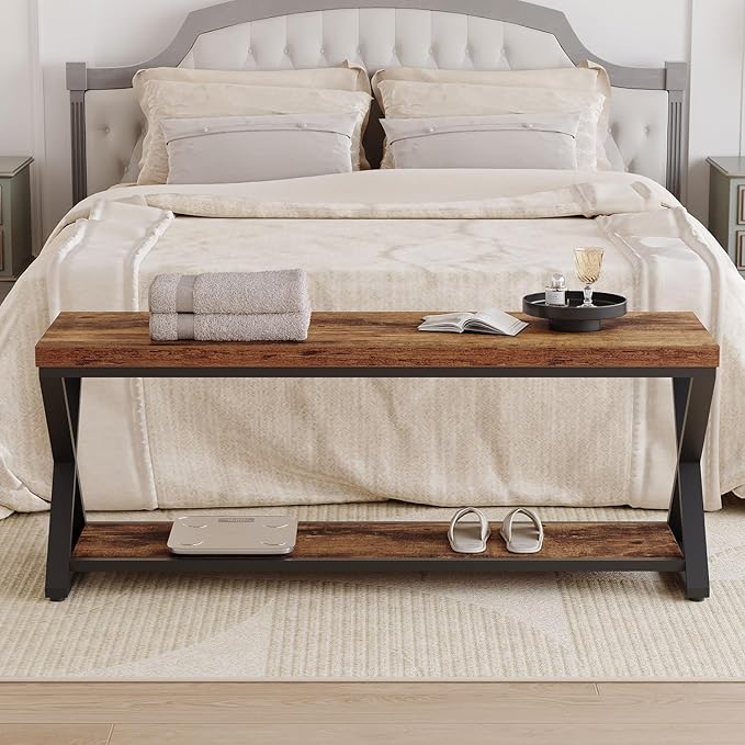 IBF Farmhouse Wood Bench, Industrial Storage Entryway Indoor Bench for Bedroom Hallway Living Room, Rustic Wooden Metal Shoe Rack Accent Foyer Bench Seat for Entrance Sitting, Rustic Brown, 47 in Long