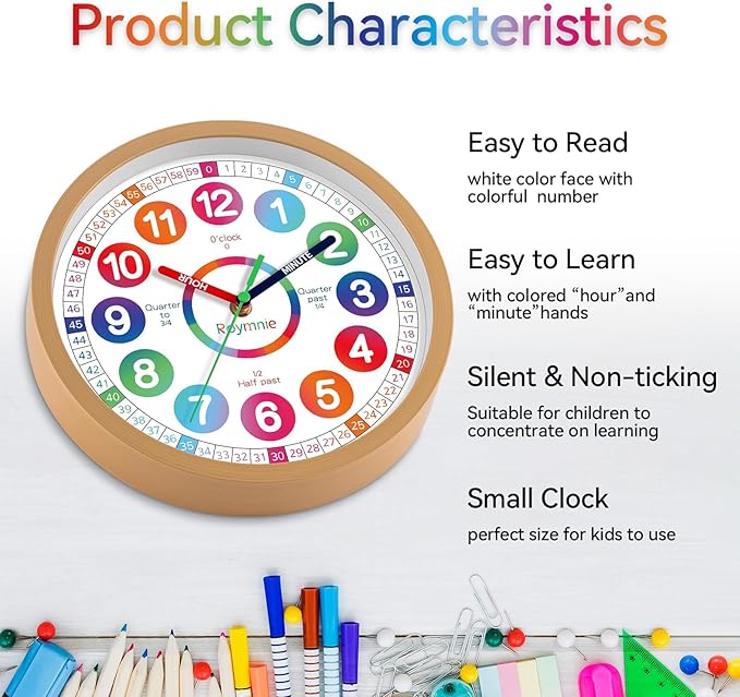 Learning Clock for Kids Telling Time Easily Teaching Clock Silent Non Ticking Battery Operated Colorful Teaching Time Large Clock Decorative for Kids Room Classroom School Playroom (14 Inch)