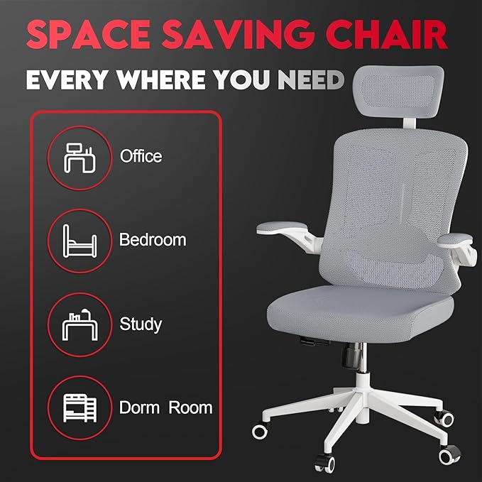 Ergonomic Office Chair - 400LB Comfy Desk Chairs with Headrest and Back Support, Heavy Duty Mesh Computer Chair with Wheels and Arms for Home Office, Study, Bedroom and College Dorm (Grey)