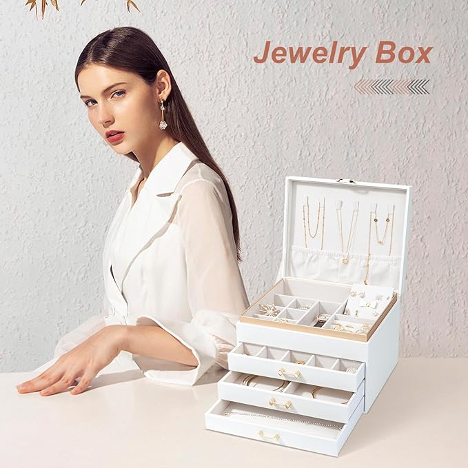Jewelry Box for Women,4-Layer Leather Jewelry Holder Organizer with 3 Drawers Large Jewelry Storage Boxes, Lots of Storage Space For Ring,Necklace,Bracelets,Earring（White）