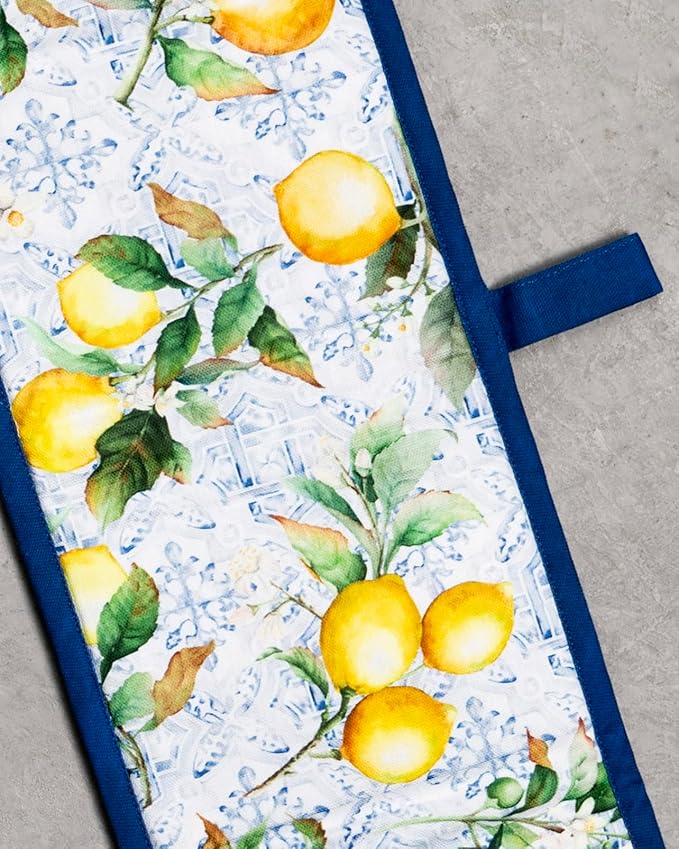 Maison d' Hermine Double Oven Mitts 100% Cotton 7"x35" Double Oven Mitt Heat Resistant BBQ Cooking Gloves with Loop, Baking, Grilling, Home, Kitchen, Handling Hot Pans Spring Summer (Citrus)