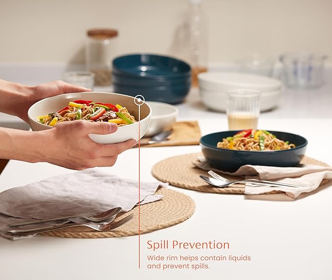 KooK Pasta Bowl, Salad Bowls, Soup, Serving Bowls, Ceramic, Large Capacity, Microwave & Dishwasher Safe, Set of 4, 40 Oz, (Cobalt)