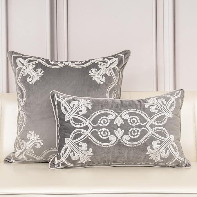 Aeckself European Floral Pillow Cover 16x16 Inch, Luxury Velvet Embroidered Decorative Throw Pillow Cover for Couch Bedroom Living Room, Grey and White