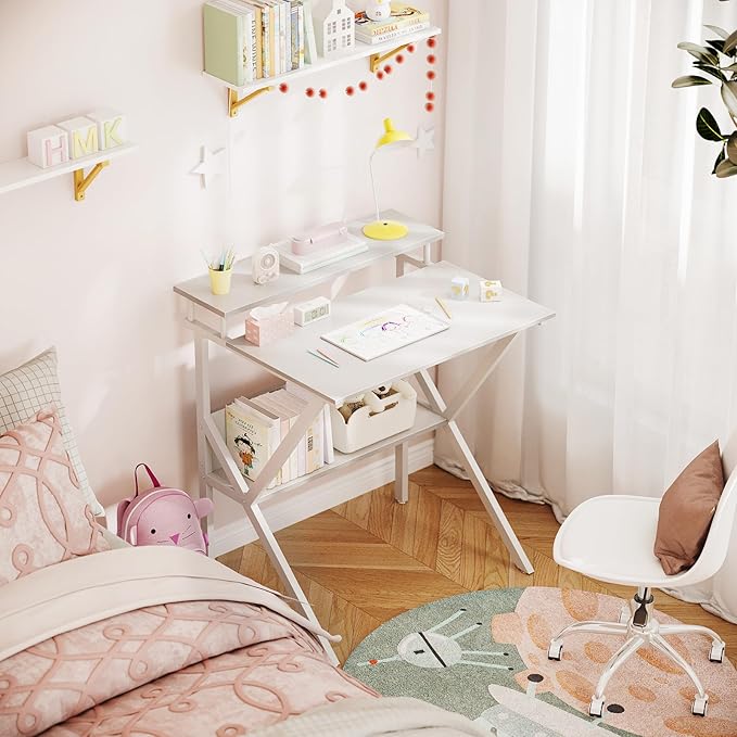 ODK Small Computer Desk, 27.5 inch Desk for Small Spaces with Storage, Compact Table with Monitor & Storage Shelves for Home Office, Modern Style Laptop Desk, Pure White