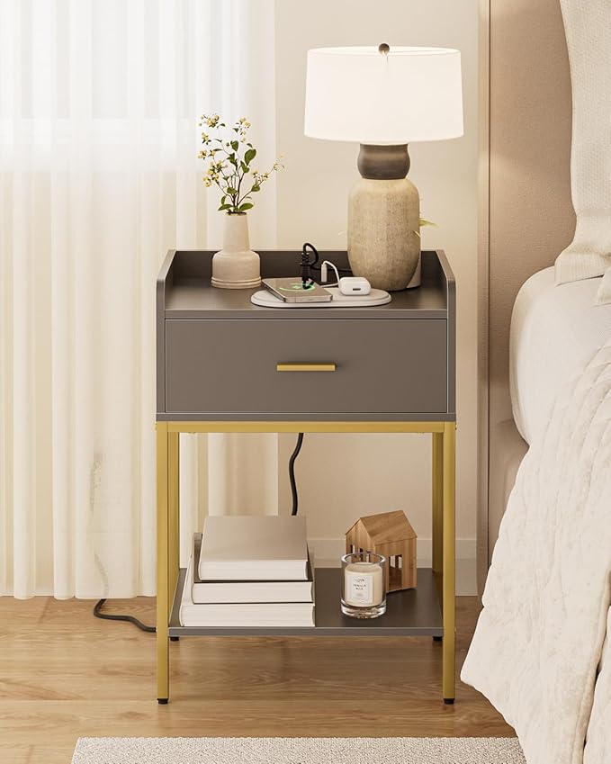 Nightstand with Charging Station,3-Tier Bedside Table for Small Space,Modern Night Stand with Storage Drawer and Shelf,Small Side Table for Bedroom,Living Room,Gray
