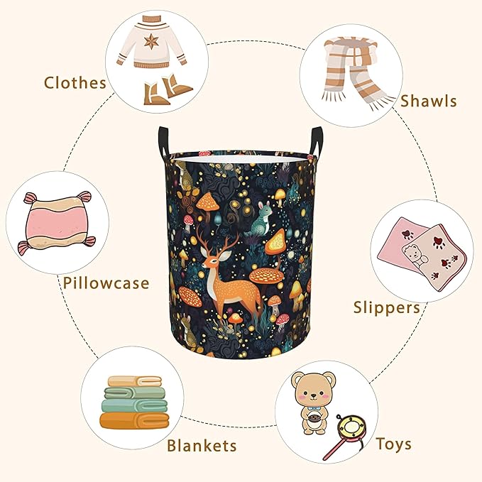 Laundry Hamper, Forest with Mushrooms Deer Laundry Basket,Waterproof Foldable Storage Bin for Bedroom,Clothes Organizer Basket,Toys Box 16x20 Inch