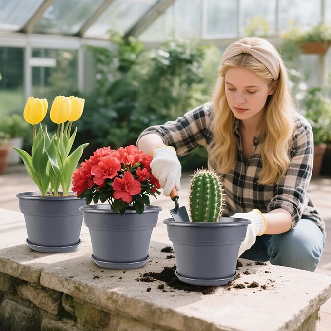 6-inch-Plant-Pots-Indoor-Outdoor, 6 Pack Plastic Planters with Drainage Holes & Saucers, Resin Flower Pots with Trays, Classic Garden Pot Container for House