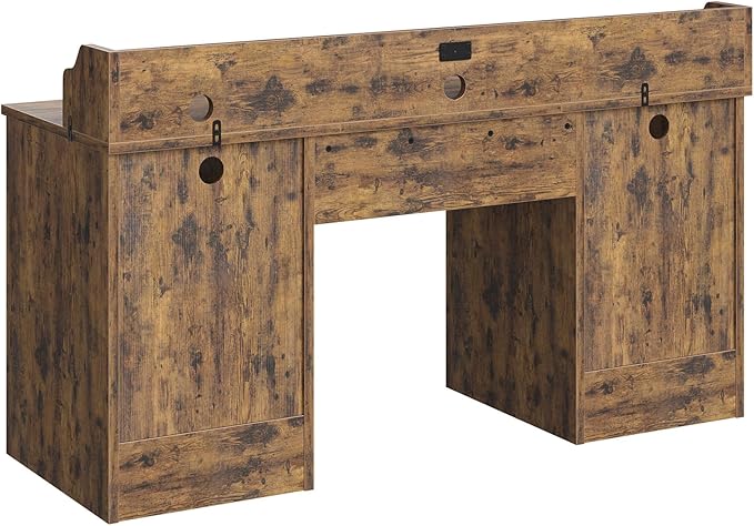 Bestier Farmhouse 59" Executive Desk with Drawers, Wood Computer Desk with Charging Station, Home Office Desk with Keyboard Tray & Monitor Stand, Sturdy Pedestal Desk for Work Study, Rustic Brown
