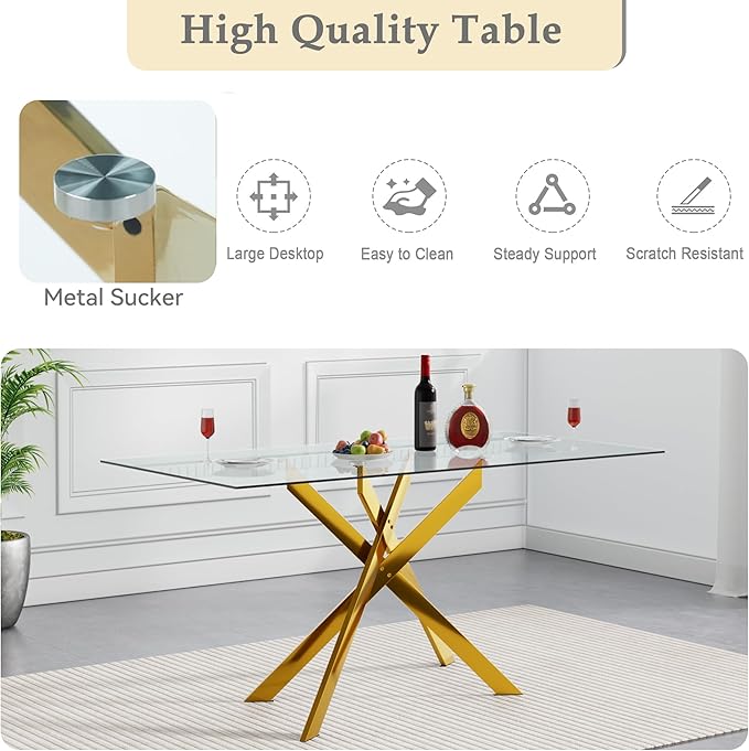 51'' Gold Glass Dining Table Set for 6,7 Piece Kitchen Table and Chairs Set with Metal Legs and 6 PU Leather Dining Chairs for Kitchen Room Small Spaces