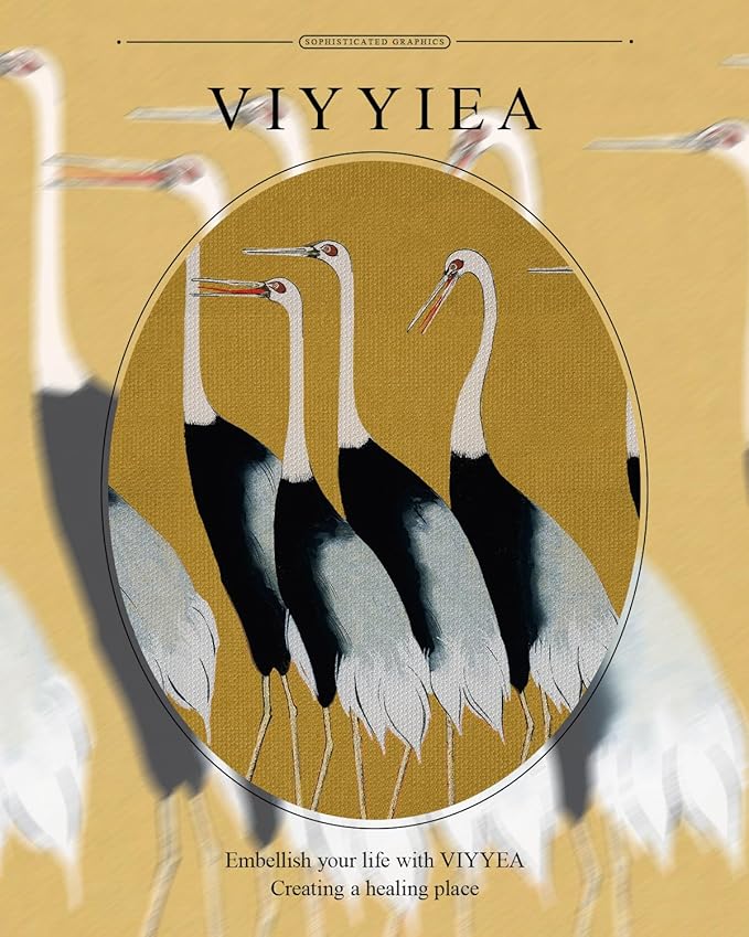 VIYYIEA Gold Framed Wall Art Canvas Print Home Decor, Vintage Cranes Wall Art for Living Room, Vintage Animal Oil Painting Picture, Print Framed Home Decor, Bathroom Wall Decor Seven Cranes 16x20in