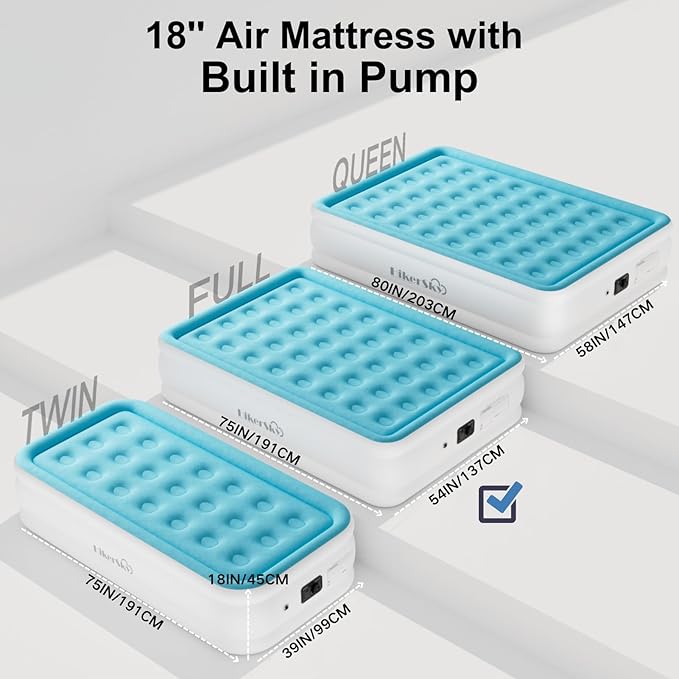 Full Size Air Mattress with Built in Pump, Air Bed with Portable Storage Bag, 18'' Blow up Mattress Suitable for Home and Guests, Top Flocking, 18" Full Sky Blue