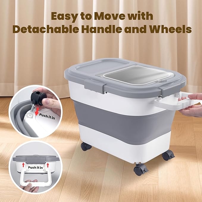 20-30Lbs Rice Container,Collapsible Airtight Food Storage Containers with Wheels,Handle,Rice Storage Container with Small Bin and Scoop,Rice Dispenser for Flour Sugar Cereal Grain Dog Cat