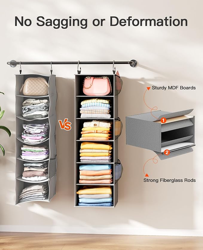 Pipishell Hanging Closet Organizer 6-Shelf, Hanging Shelves for Closet with 3 Removable Drawers & Side Pockets for Bedroom or Garment Rack, 12' x 12' x 43.3', Dark Gray