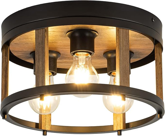 MAYNA 3-Light Retro Farmhouse Flush Mount Round Vintage Metal and Wood Ceiling Light Fixtures, Rustic Ceiling Lamp for Kitchen, Hallway, Entryway, Bedroom, Dining Room