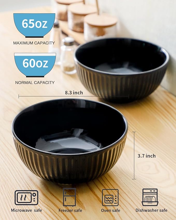 Hasense Large Serving Bowls Set of 2, 60 Oz Porcelain Salad Bowl 8 Inch for Kitchen Dining,Elegant Ribbed Ceramic Dishes for Party,Soup,Pho,Pasta,Cereal,Fruit - Dishwasher & Microwave Safe, Black
