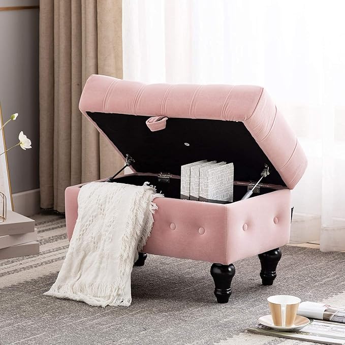 Artechworks Storage Coffee Table Ottoman, Button Tufted Velvet Upholstery Footstool Bed Ottoman for Living Room, Home Office, Space-Saving Storage Toy Box Stool, Pink