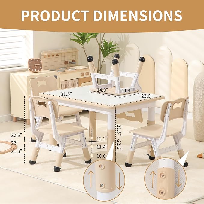 Toddler Table and Chairs, Kids Table and 4 Chairs Set with Graffiti Desktop, Height-Adjustable Kids Study Table for Boys and Girls Aged 3-8, Max 300lbs