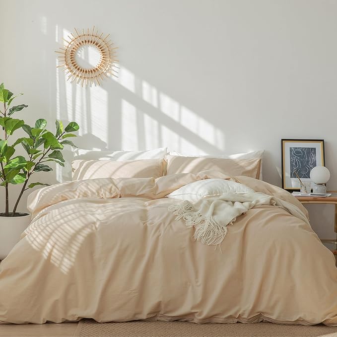 MooMee Bedding Duvet Cover Set 100% Washed Cotton Linen Like Textured Breathable Durable Soft Comfy (Solid Sandy Beige, Cal King 104"x98")