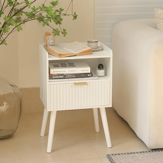 AWASEN White Nightstand, Modern Bedside Table with Fluted Drawers, Small Night Stand Bed Side Table with Solid Wood for Living Room, Bedroom, Office and Small Space (White)