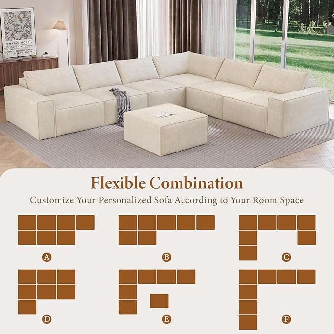 Vesgantti 143.7" Oversized Boneless Modular Couch, Modern 6 Seater Sectional Sofa with Ottoman & Deep Seat, Convertible Chenille Cloud Couches for Living Room, No Assembly Required, Beige