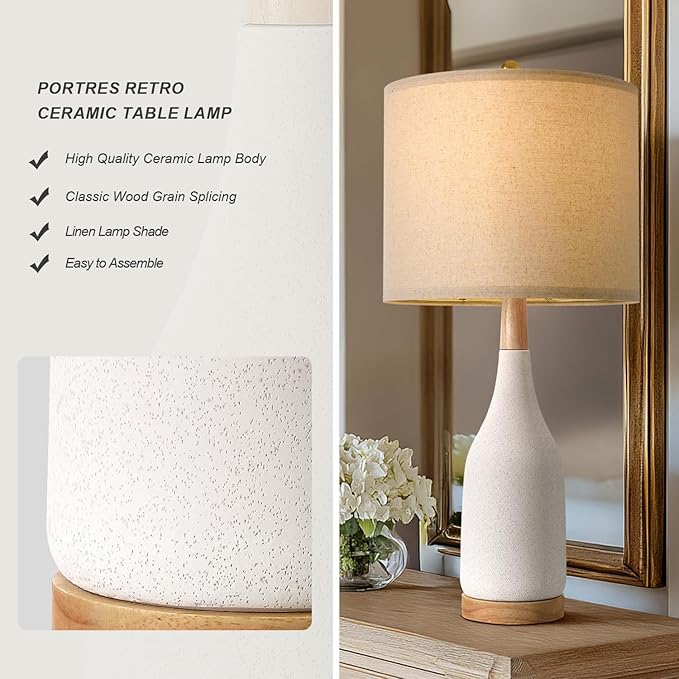 PORTRES 27" Ceramic Table Lamps for Bedroom Living Room Vintage Lamp Set of 2 Bedside Nightstand Lamp Large Farmhouse Rustic Boho Retro Modern Table Lamp Light Home Office Desk Deco Gifts, White