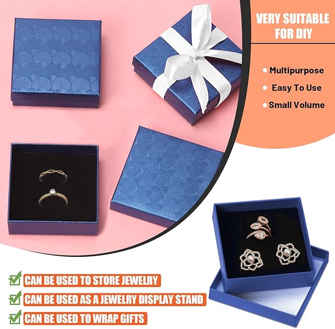 Tanstic 12Pcs Cardboard Jewelry Gift Boxes Kit, 3.5 x 3.5 x 1.2 Inch Navy Blue Gift Boxes Cardboard Jewelry Boxes with 74ft White Ribbon and Scissor for Rings, Necklaces, Earrings, Bracelets
