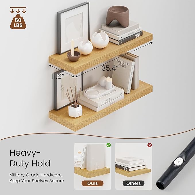 Heimlove 36 Inch Wall Shelf Bathroom Shelves Set of 2, 12" Deep Floating Shelves for Wall, Wall Mounted Shelves for Books Living Room Laundry Room Bedroom Kitchen Home Office, Oak