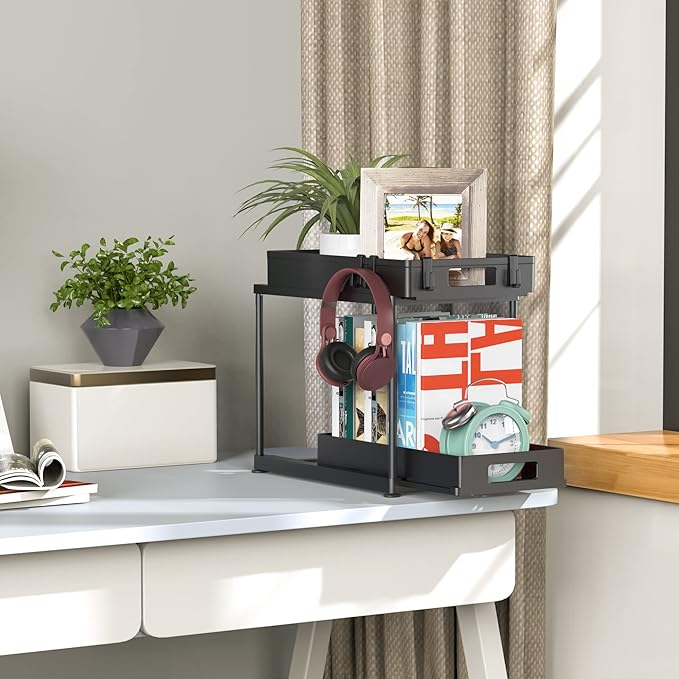 Under Sink Organizers and Storage, 2 Pack Large Capacity Heavy Load Double Pull-out Under Sink Shelves with Sliding Drawer for Kitchen and Bathroom, Black