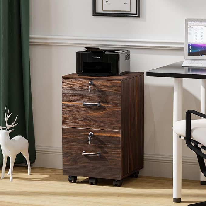VINGLI 2 Drawer File Cabinet with Lock, Wood Dark Brown File Cabinets for Letter Size File Folders with Tabs, Under Desk Rolling Filing Cabinet for Home Office, Mobile File Organizer Printer Stand