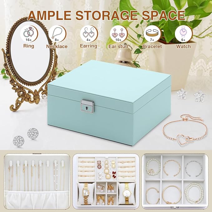 Jewelry Organizer Box for Women,Large Genuine Leather Jewelry Organizers and Storage with Earring Holder Organizer Removable Velvet Jewelry Tray,Christmas Gifts for Mom,Green