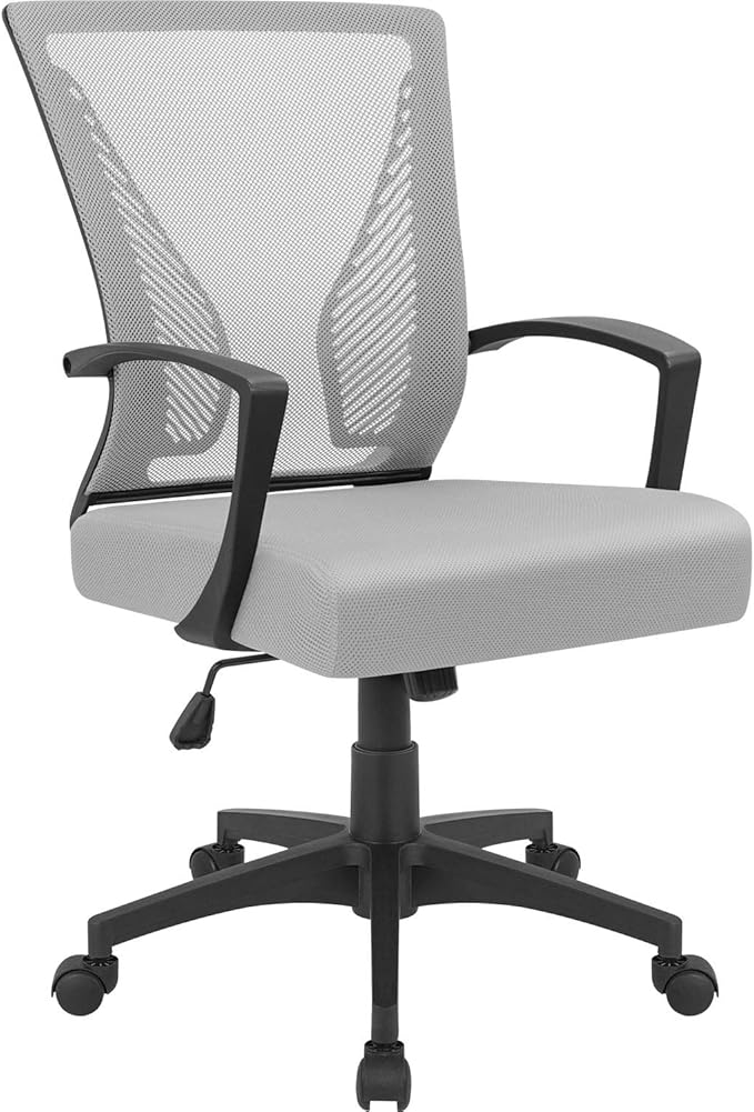 Furmax Office Chair Ergonomic Computer Desk Mesh Chair Mid Back Swivel Lumbar Support with Armrest (1, Gray)