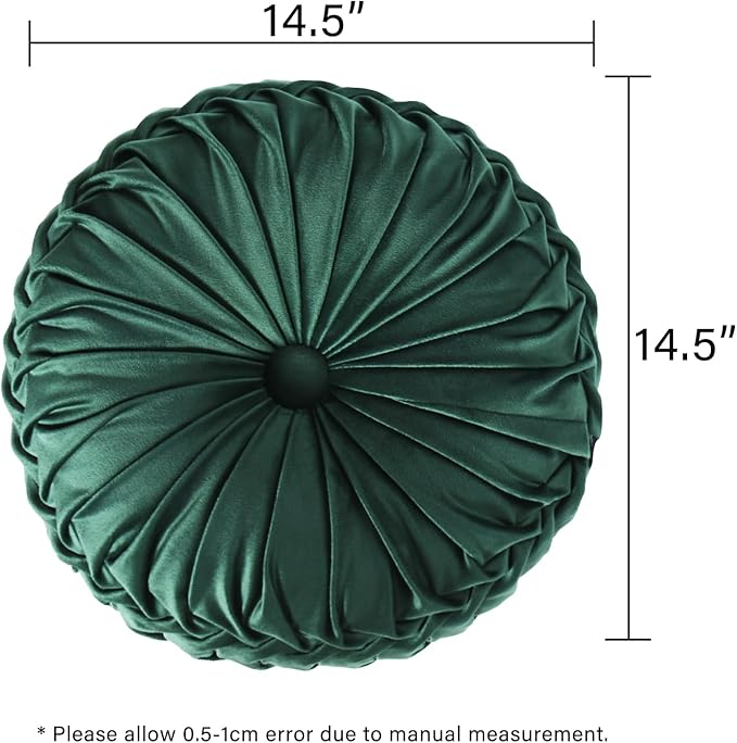 HIG Set of 2 Decorative Round Pleated Throw Pillows, Classy Accent Pumpkin Throw Pillows with Center Button, Vintage Velvet Floor Pillows for Sofa Vanity Chair Bed, Emerald, 14.5" Diameter(Ripple)