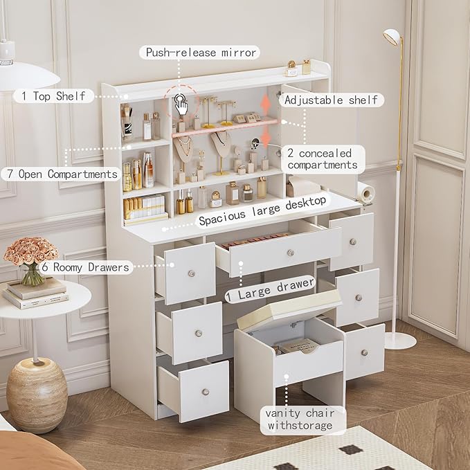 Vanity Desk with Mirror & LED Lights, Built-in Power Outlet, Dimmable LED Lighting, 7 Drawers & 7 Storage Compartments, Includes Padded Stool – Ideal Table for Bedroom Dressing Room (White)