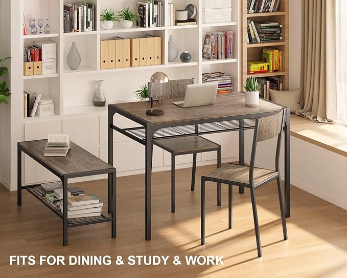 Gizoon Kitchen Table and 2 Chairs for 4 with Bench, 4 Piece Dining Table Set for Small Space, Apartment