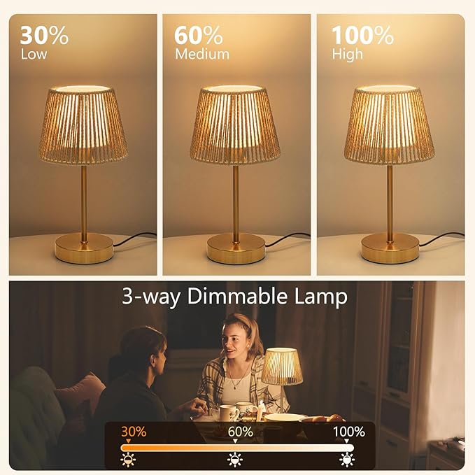 ONEWISH Touch Bedside Table Lamps Set of 2, 14.2" Boho Lamp 3 Way Dimmable, Rope lamp for Bedroom Nightstand Farmhouse, LED Bulb Included(Gold)