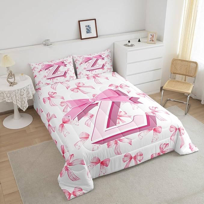 jejeloiu Kids Girls Cute Pink Bow Comforter Set Twin Size Monogrammed Bedding Set Ultra Soft Personalized Initial Z Duvet Quilt Coquette Bow Knot Quilt Set Room Decor Modern Fashion Comforter