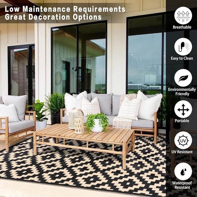 Outdoor Plastic Straw Rug, Waterproof Mat, Washable Large Floor Mat and Rug for Outdoors, RV, Beach, Patio, Camping, Backyard, Deck, Picnic, Indoor Outside (8x10ft,Geometry/Black&Beige)