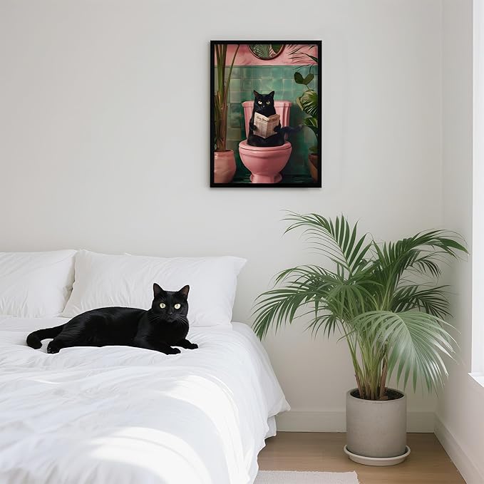 Framed Vintage Cat Canvas Wall Art, Funny Pink Animal Reading Books Painting Picture Print, Cute Kitten Lovers Aesthetic Wall Decor for Nursery Girls Room Bedroom Kids Room 16''L x 12''W