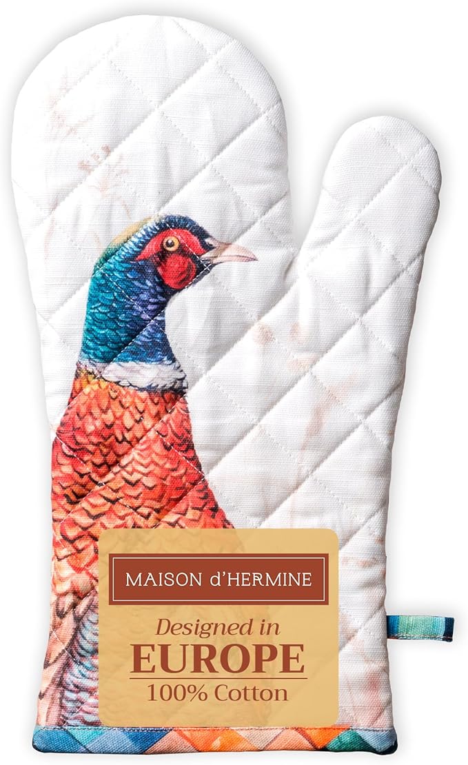 Maison d' Hermine Oven Gloves 100% Cotton Oven Mitt 7" x 13" with Loop Heat Resistant BBQ Cooking Gloves for Thanksgiving Christmas Decorations Baking Handling Hot Pans (Pack of 1, Faisan D'Automne)