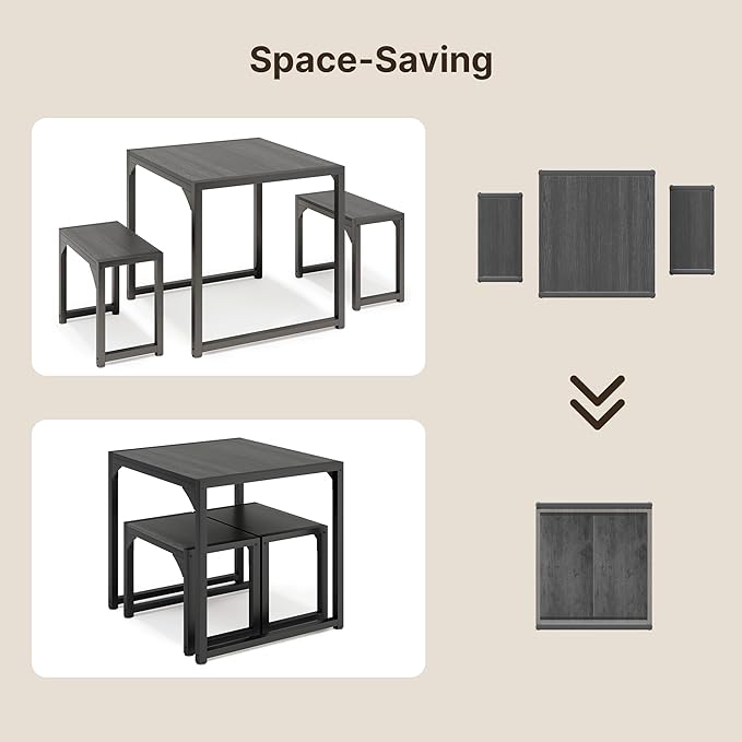 Gizoon Dining Table Set for 2, Kitchen Table Set for 2 with Steel Frame, Kitchen Table with 2 Benches for Small Space, Space Saving Design for Restaurant, Living Room, Black