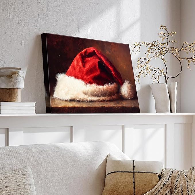 AbcCustomize Vintage Red Santa Hat Christmas Wall Art - Festive Christmas Canvas Prints with Wood Frame, Cozy Winter Decor for Livingroom Bedroom, Unique Christmas Gifts & Winter Home Decor