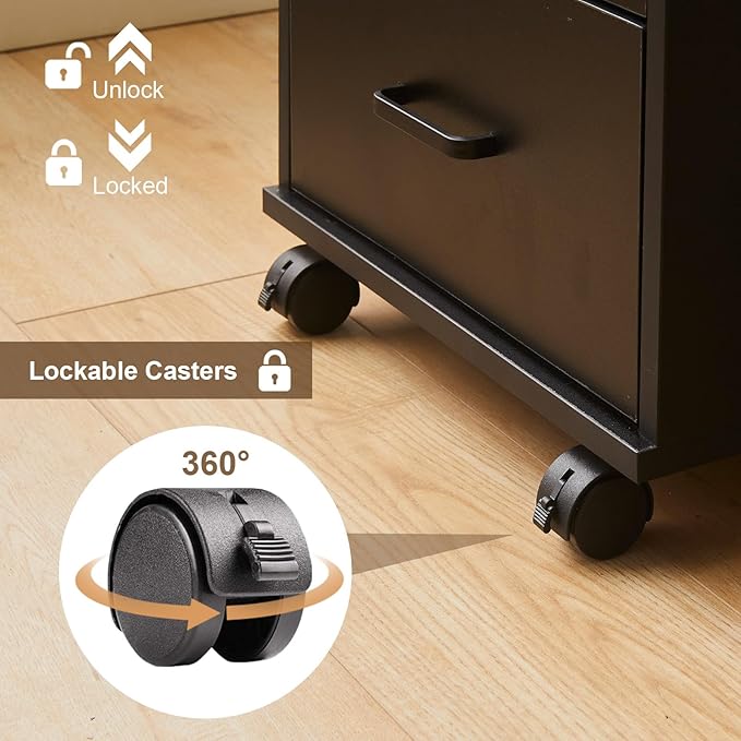 Mobile File Cabinet with Lockable Drawer, 3-Drawers Under Desk Storage Cabinet with 360°Swivel Wheels, Wooden Stationery Storage Cabinet for Legal/Letter/ A4 Documents (Black)
