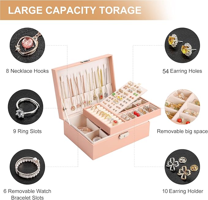 Jewelry Organizer Box, Leather Jewelry Box for Girls Gift Earring Organizer with Lock Double Layers Jewelry Case Removable Tray for Necklace Earring Ring with Polishing Cloth and Jewelry Bags