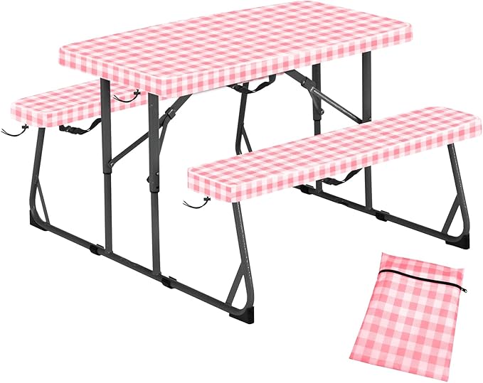 33" L x 20" W x 3" H Pink Grid Picnic Table Cover for Kids, Fitted Tablecloth for Outdoors Vinyl Waterproof Cloth for Camping Home Goods Indoor Outdoor Patio BBQ