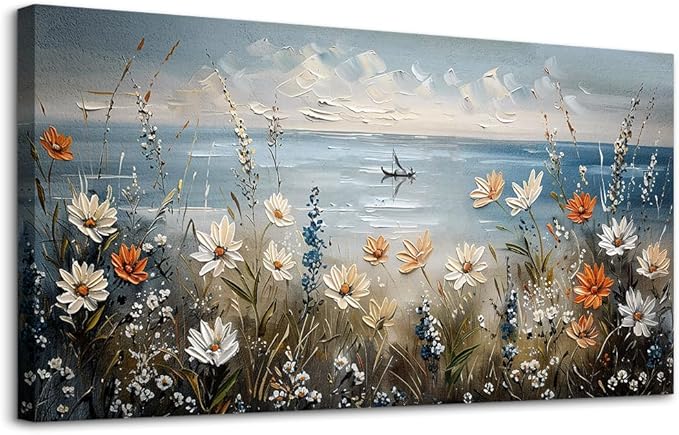 MHARTK66 Canvas Wall Art For Living Room Wall Decor For Bedroom Office Decoration Blue Ocean Paintings Flowers Landscape Wall Pictures Artwork Modern Aesthetic Room Home Decor Ready To Hang Posters